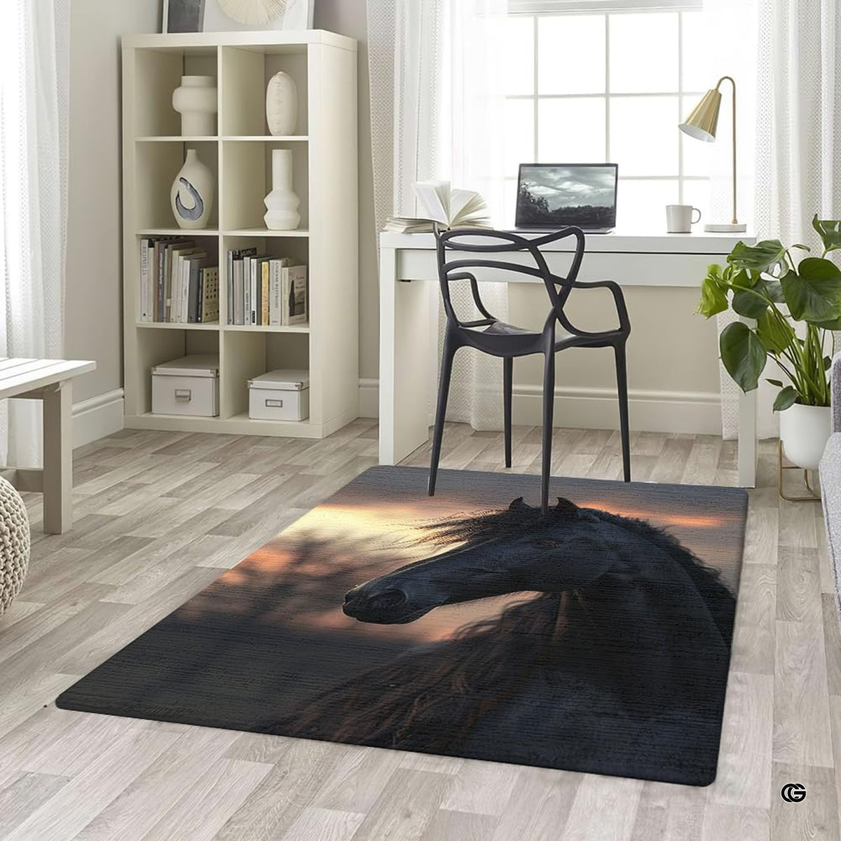 Lifestyle scene featuring family lounging on black horse portrait area rug. - image 5 of 5