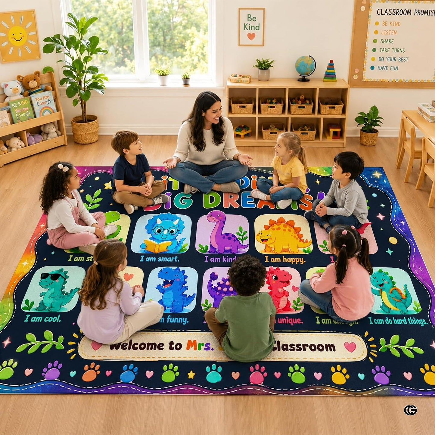 Personalized Teachers Classroom Rug, Custom Teacher Name Classroom Rules Area Rug, Feeling Chart Calming Corner Mat, Kindergarten Educational Back to School Class Decor (D2)