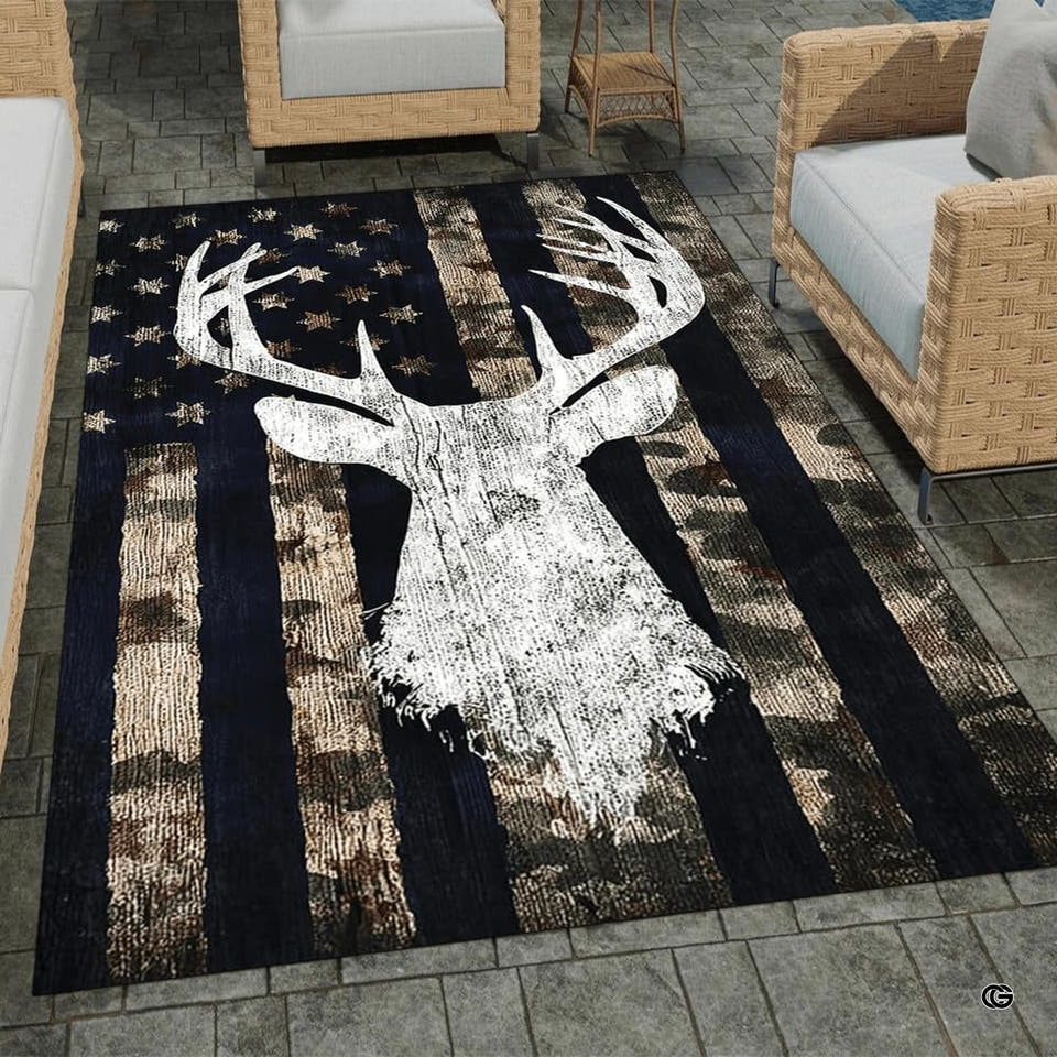 Whitetail deer buck camo American flag rustic area rug on outdoor patio pavers