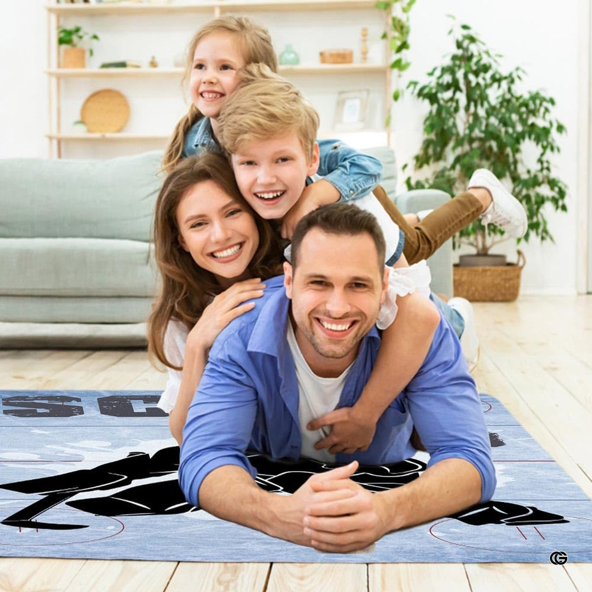 Custom ice hockey goalie area rug styled in modern patio seating setup - image 5 of 7