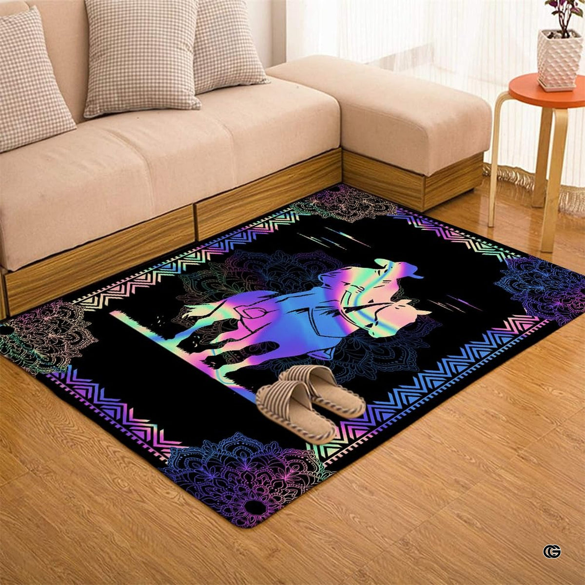 Top-down overhead view of rectangular holographic western cowboy mandala living room area rug - image 7 of 7