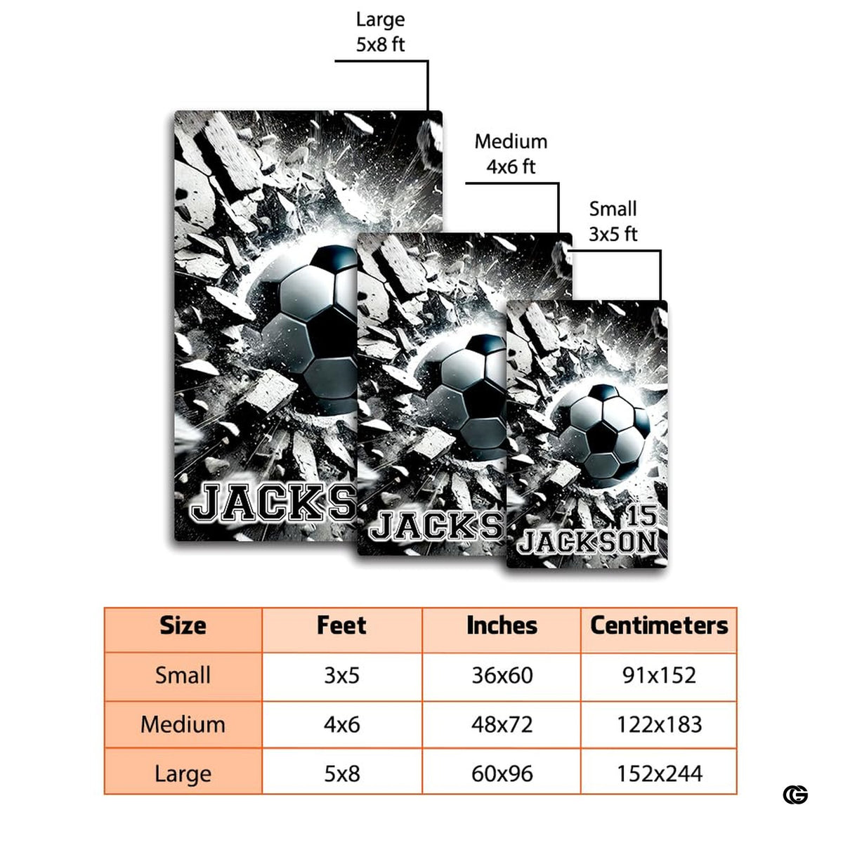 Dimensions and sizing options chart for soccer concrete smash living room area rug - image 2 of 8