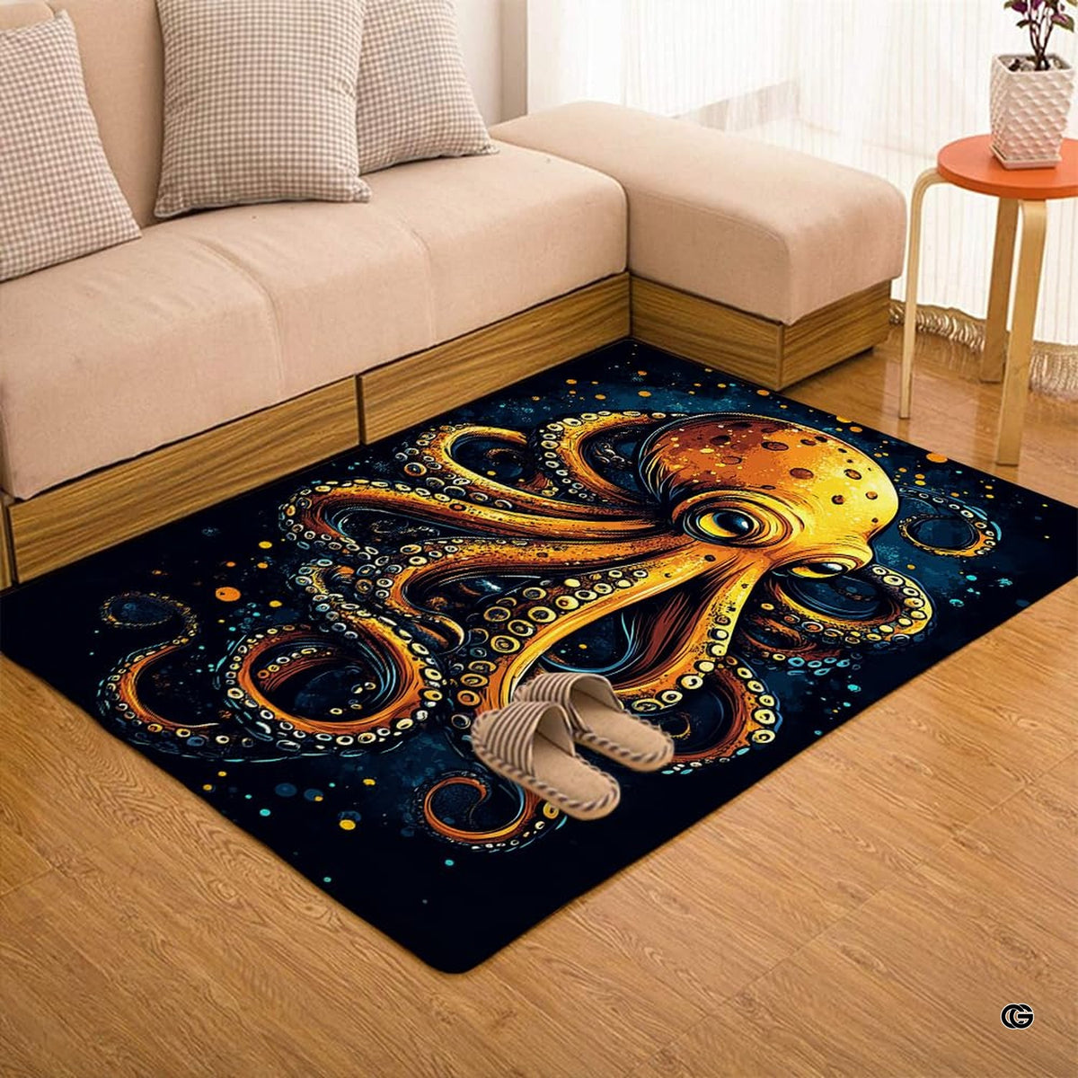 Graphic golden octopus living room area rug styled in modern patio lounge setting