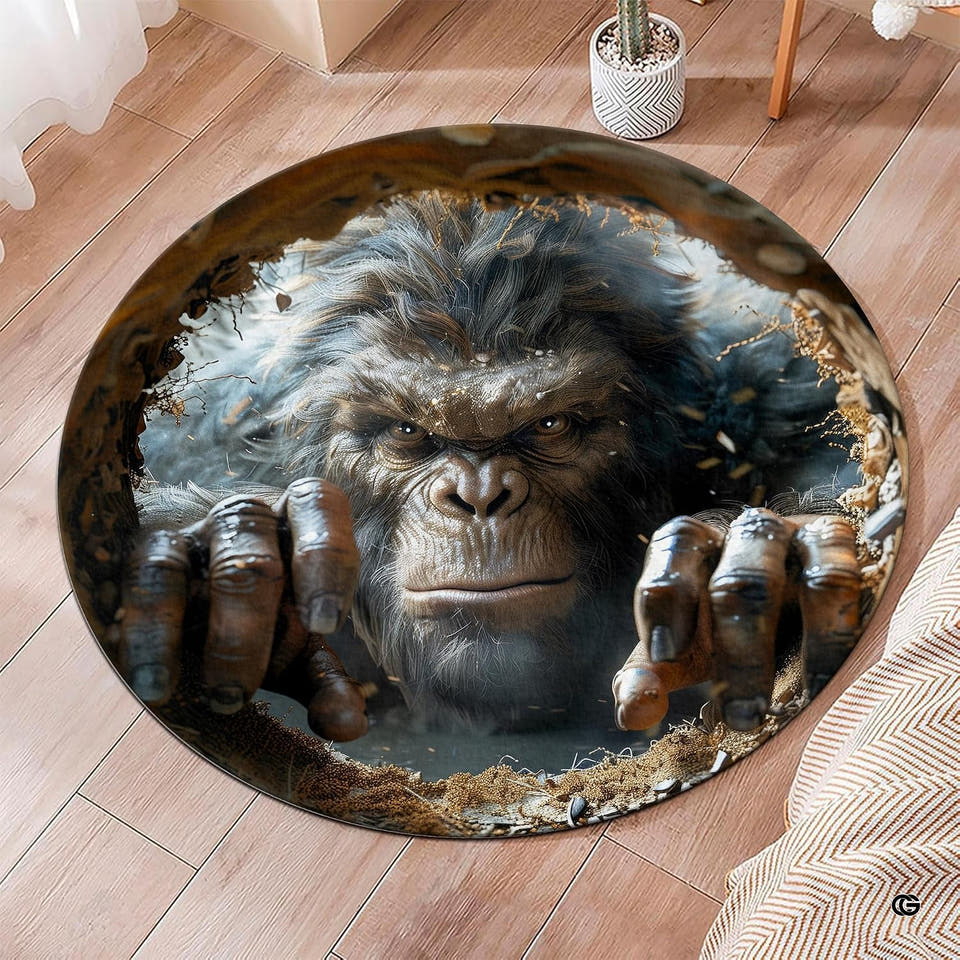 Tunnel ape cryptid round area rug displaying an emerging primate across parquet flooring.