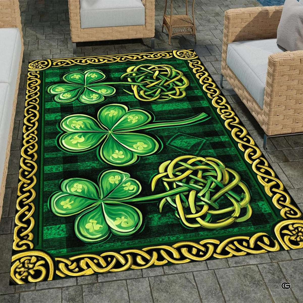 Home lounge setup displaying the emerald green tartan clover floor carpet - image 7 of 9