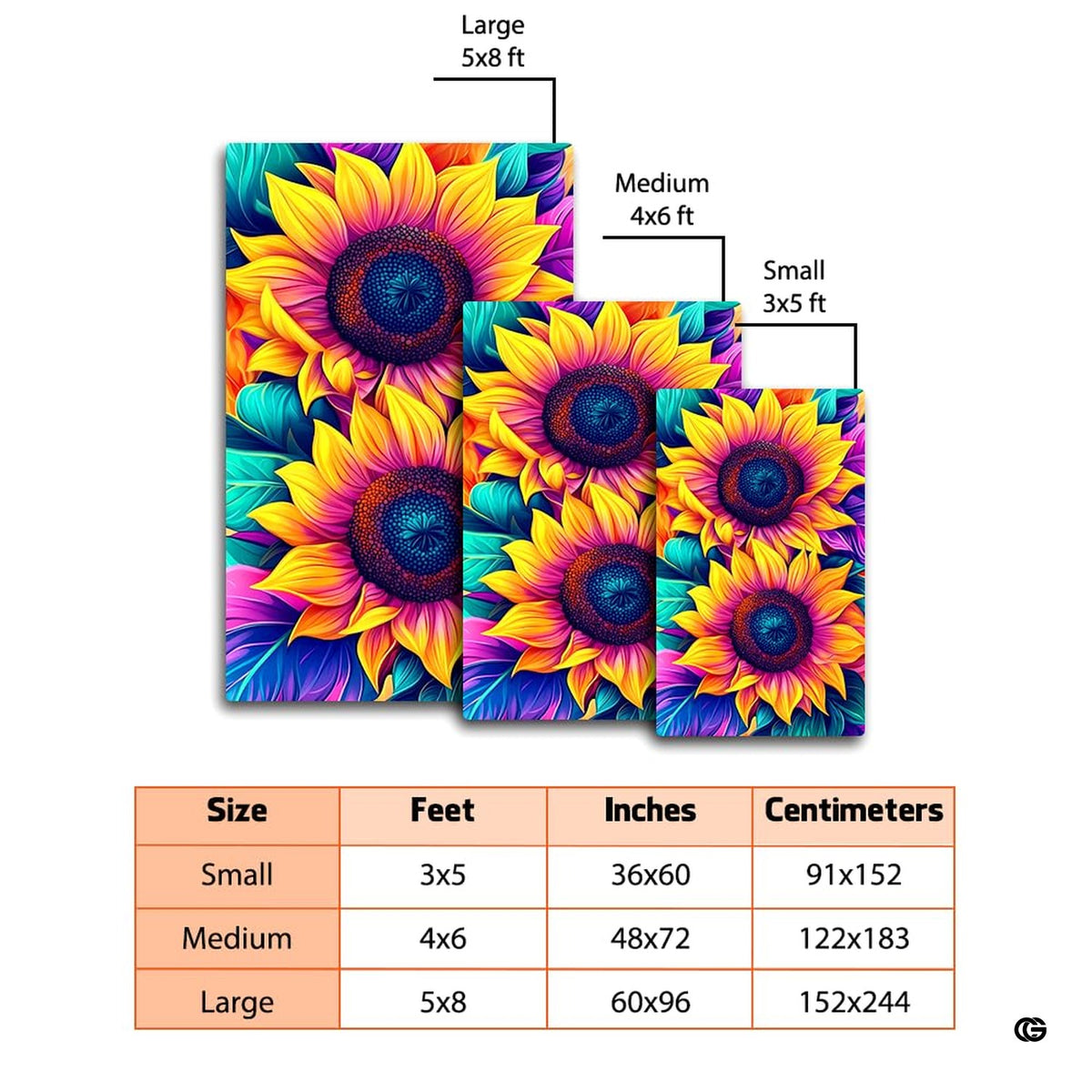 Round sunflower area rug styled beneath living room seating with rich turquoise and violet leaf accents.