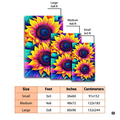 Round sunflower area rug styled beneath living room seating with rich turquoise and violet leaf accents. - thumbnail image 2 of 8