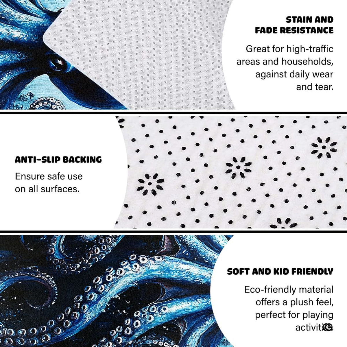 Dimension chart displaying size options for kraken octopus area rug.