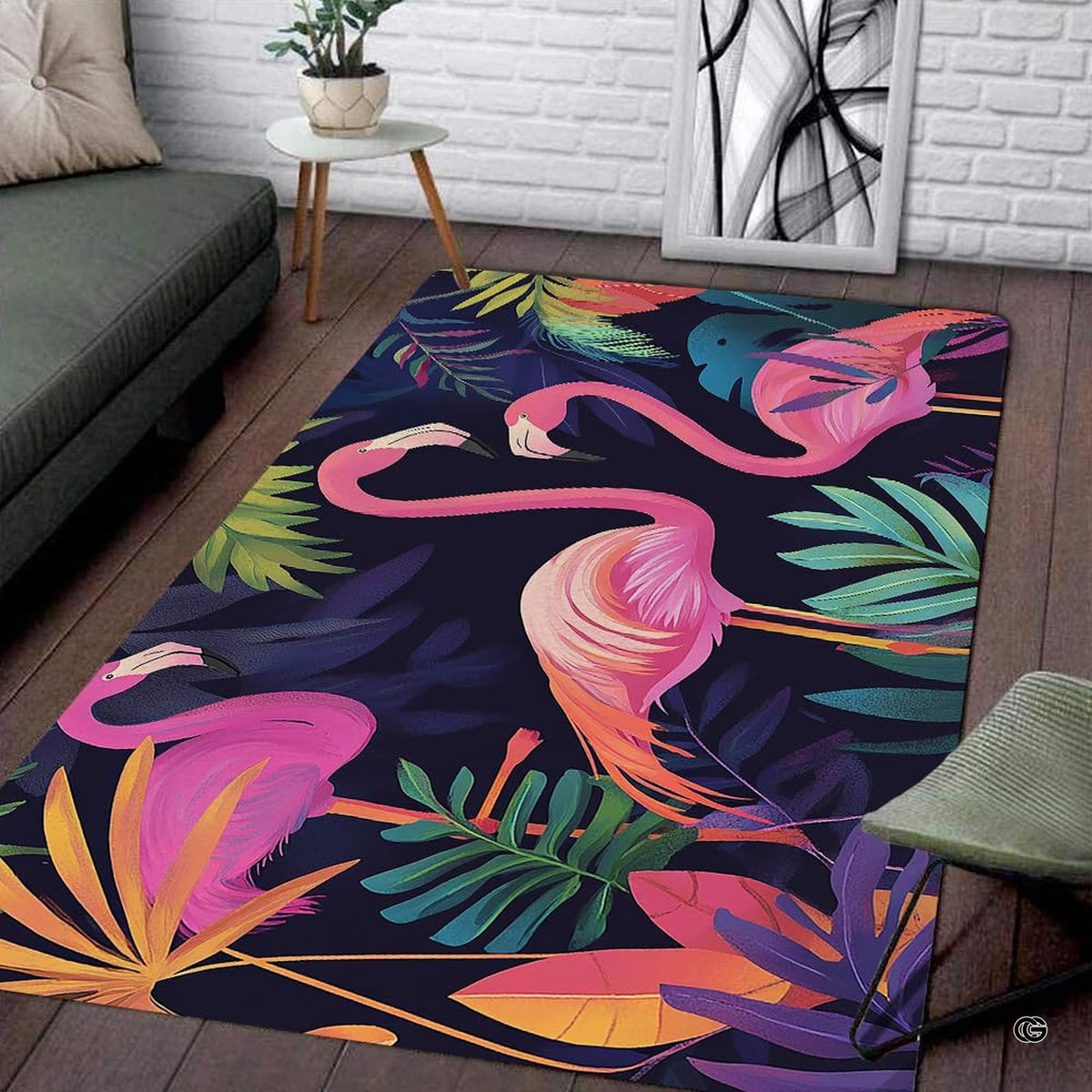 Tropical flamingo botanical area rug styled on hardwood flooring in living room.