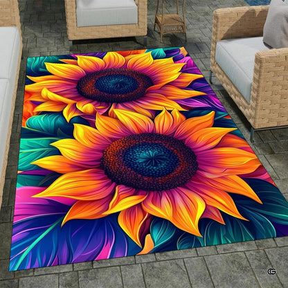 Vibrant sunflower yellow area rug displaying two blooming flowers on peacock teal botanical foliage. - thumbnail image 1 of 8