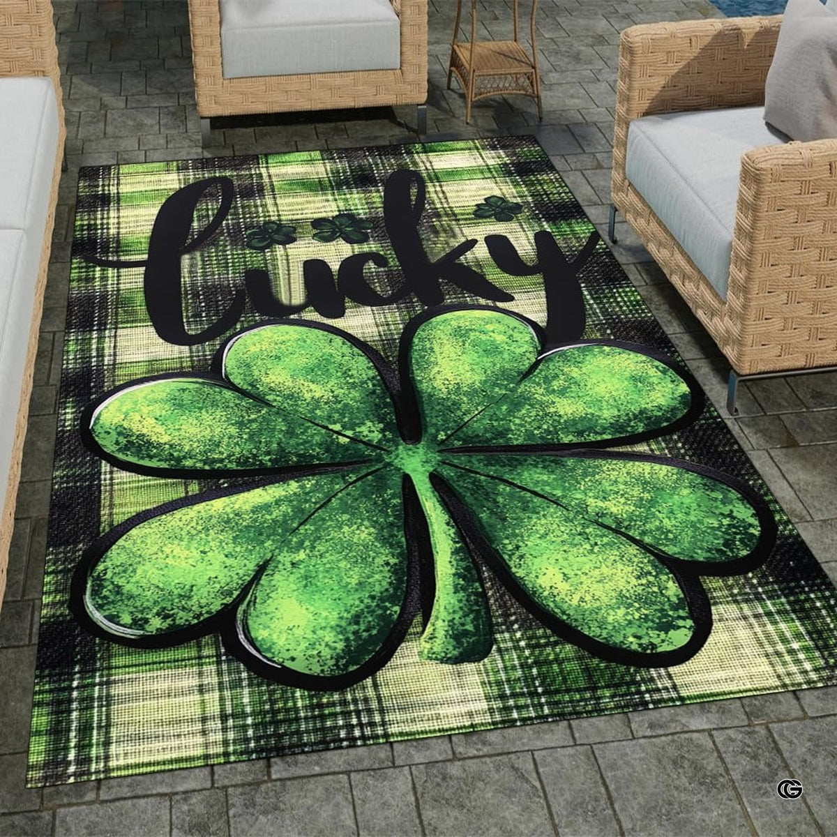 Home lounge setup displaying the festive tartan clover floor carpet