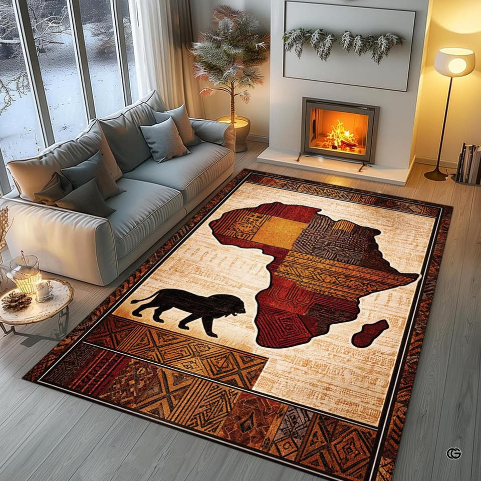 African area rugs showing continental outline, walking lion silhouette, and terracotta tribal borders.
