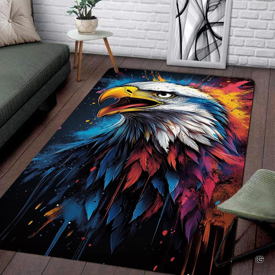 Vibrant splatter bald eagle portrait illustration rectangular area rug.