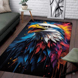 Vibrant splatter bald eagle portrait illustration rectangular area rug.