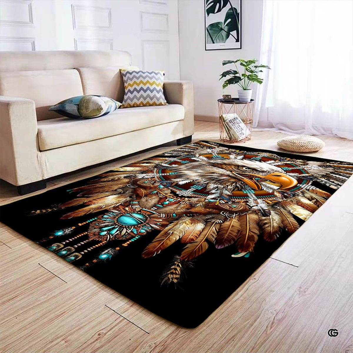 Perspective angle of the Native American eagle rug highlighting turquoise and amber beaded circular patterns.