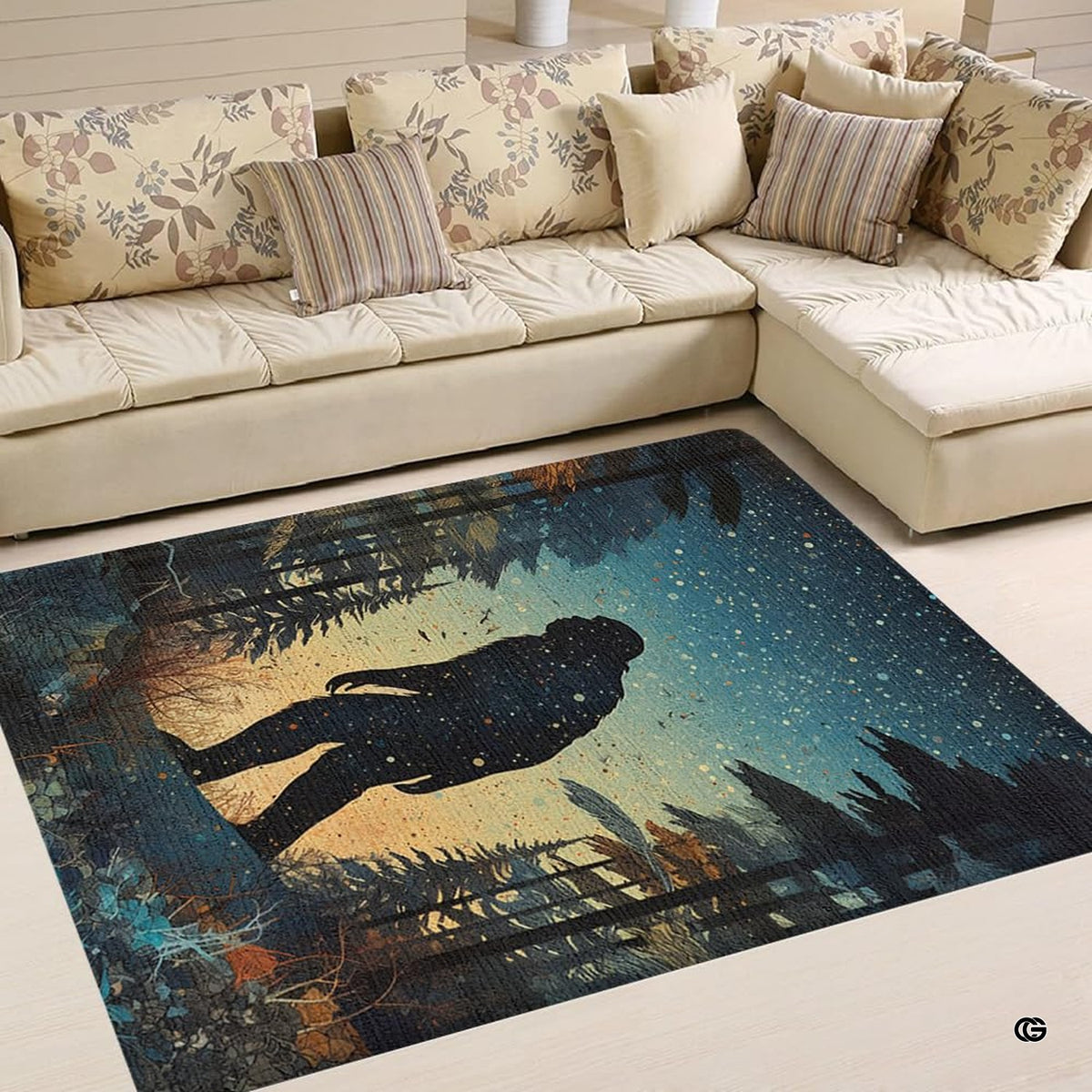 Top-down view of pine forest scenery in teal and navy on an artful floor piece. - image 4 of 5