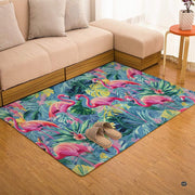 Tropical pink flamingo botanical living room area rug with pink flamingos and palm leaves on teal background - thumbnail image 1 of 7