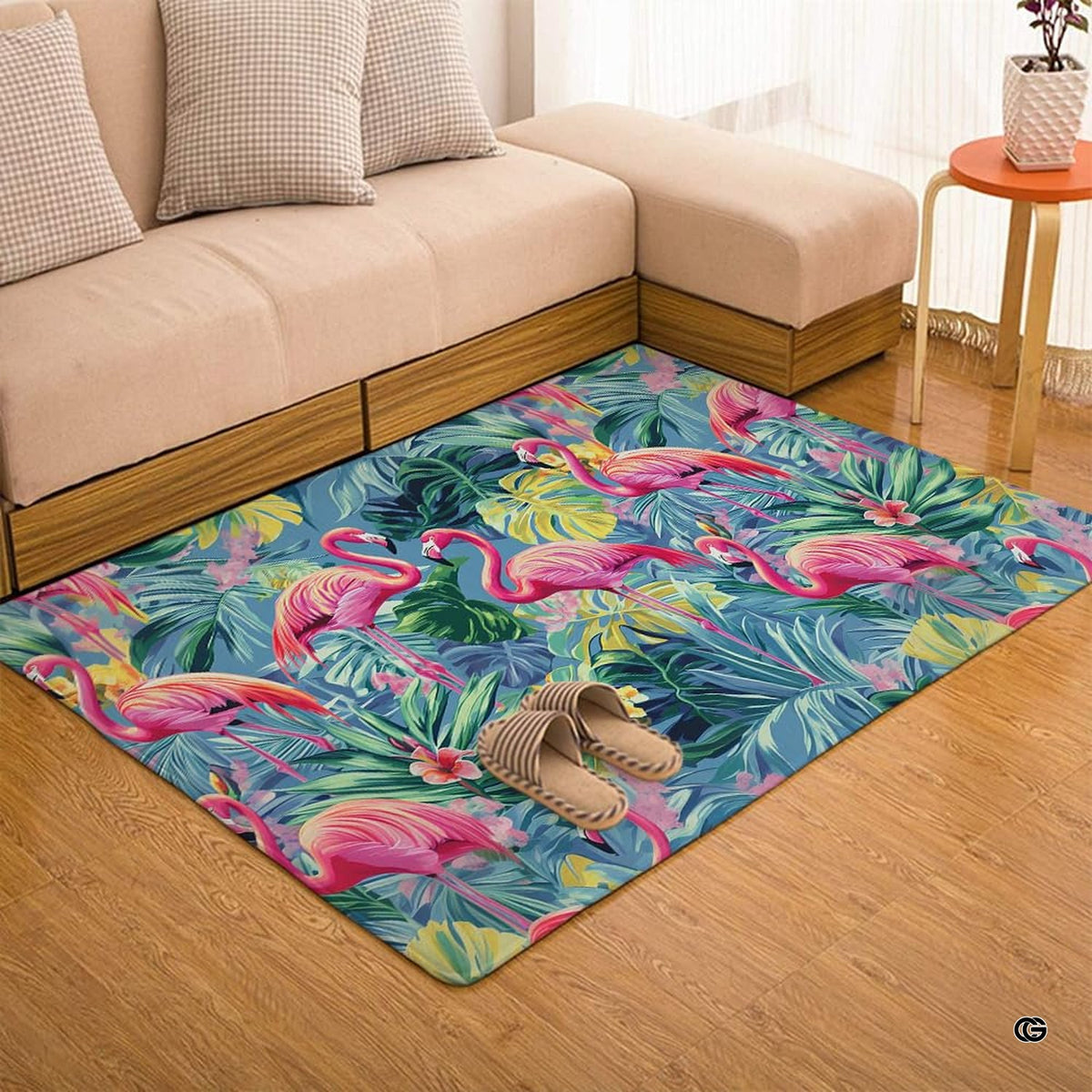 Tropical pink flamingo botanical living room area rug with pink flamingos and palm leaves on teal background - image 1 of 7