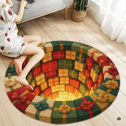 Circular holiday floor piece displaying wrapped presents descending into a glowing festive vortex chasm.