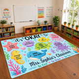 Personalized Teacher Classroom Rug, Custom Back to School Welcome Mat with Name, Kindergarten Preschool Elementary Decor, Composition Notebook Carpet (A11)