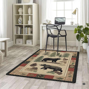 Overhead perspective of rustic wildlife floor rug displaying centered bear pair and ornamental framing. - thumbnail image 5 of 5