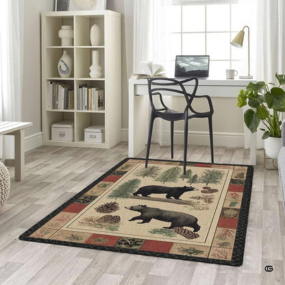 Overhead perspective of rustic wildlife floor rug displaying centered bear pair and ornamental framing. - thumbnail image 5 of 5