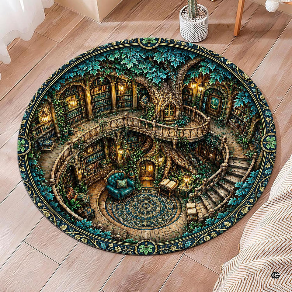 Circular fantasy tree library floor accent featuring spiraling wooden staircases, arched bookshelves, and amber lanterns.