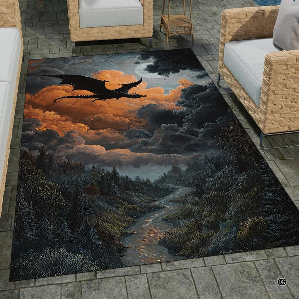 Black dragon rug with orange clouds and forest river