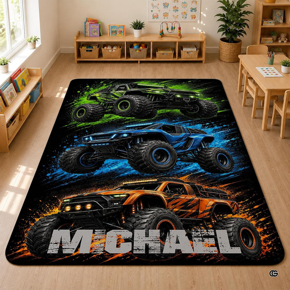 Three monster trucks rug in a bright playroom
