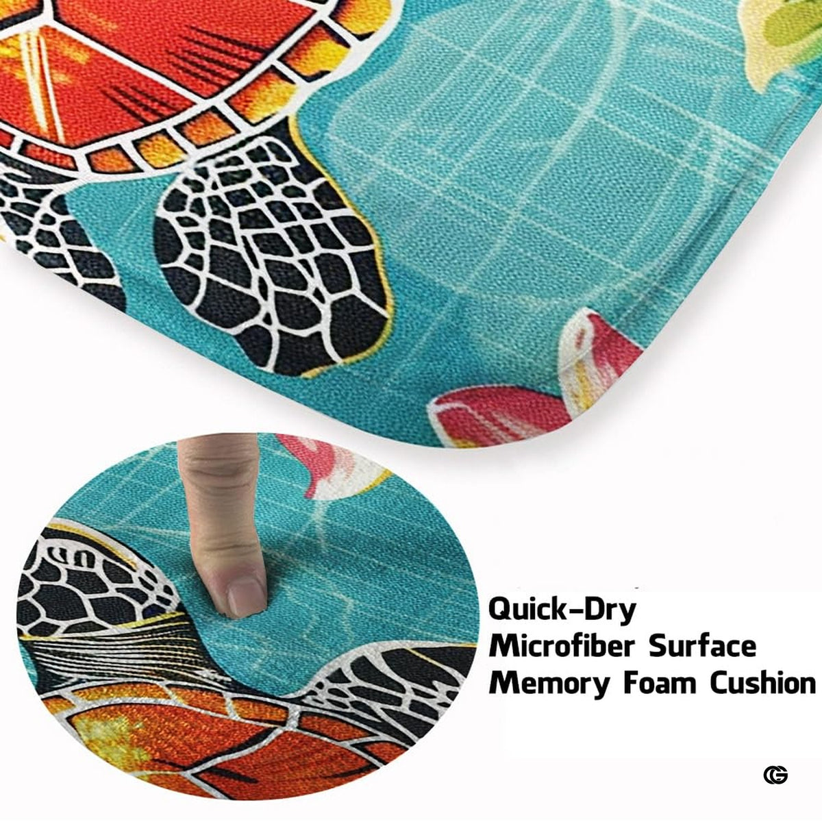 Close up texture detail showing soft pile surface and stitching of sea turtle area rug.