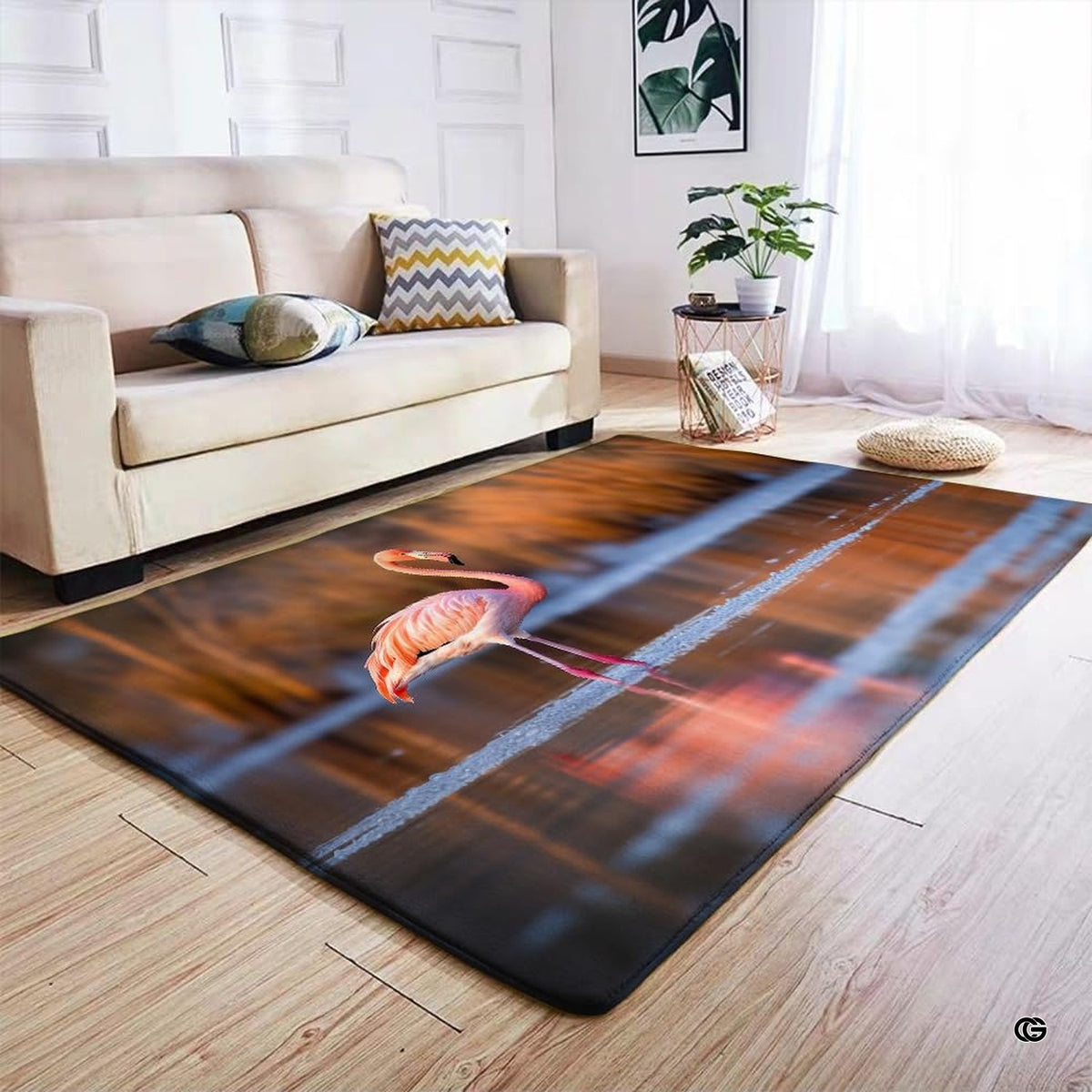 Scenic flamingo rug set within a sunlit lounge showcasing rich wildlife decor accents.