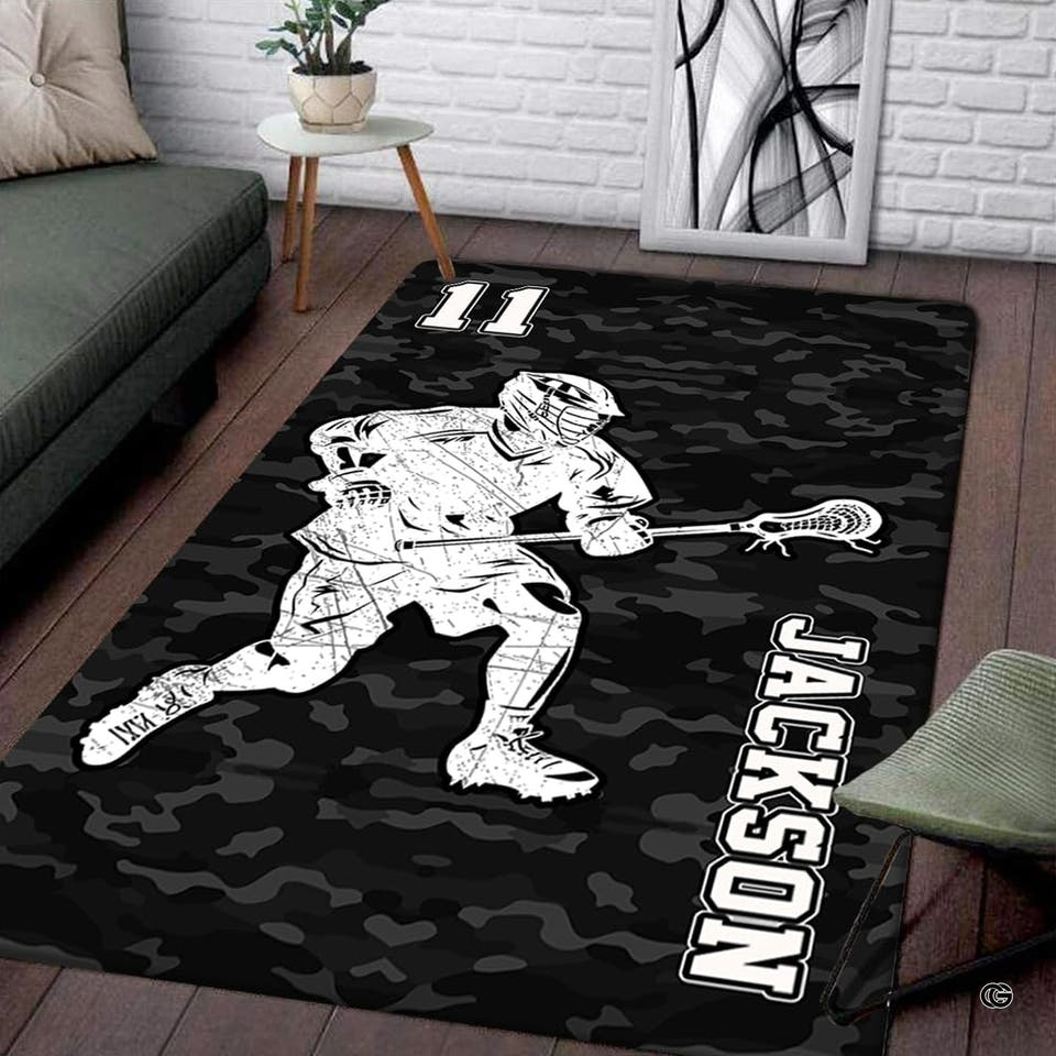 Modern living room setting displaying the black camo lacrosse player area rug