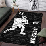 Modern living room setting displaying the black camo lacrosse player area rug