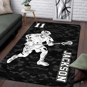 Modern living room setting displaying the black camo lacrosse player area rug - thumbnail image 1 of 9