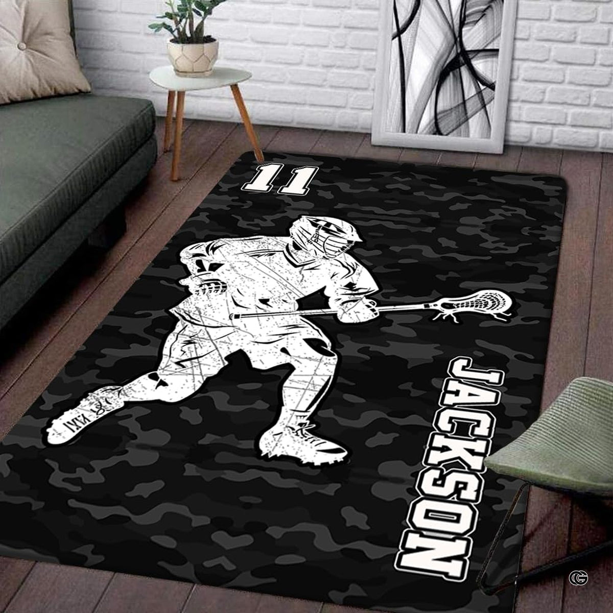 Modern living room setting displaying the black camo lacrosse player area rug - image 1 of 9