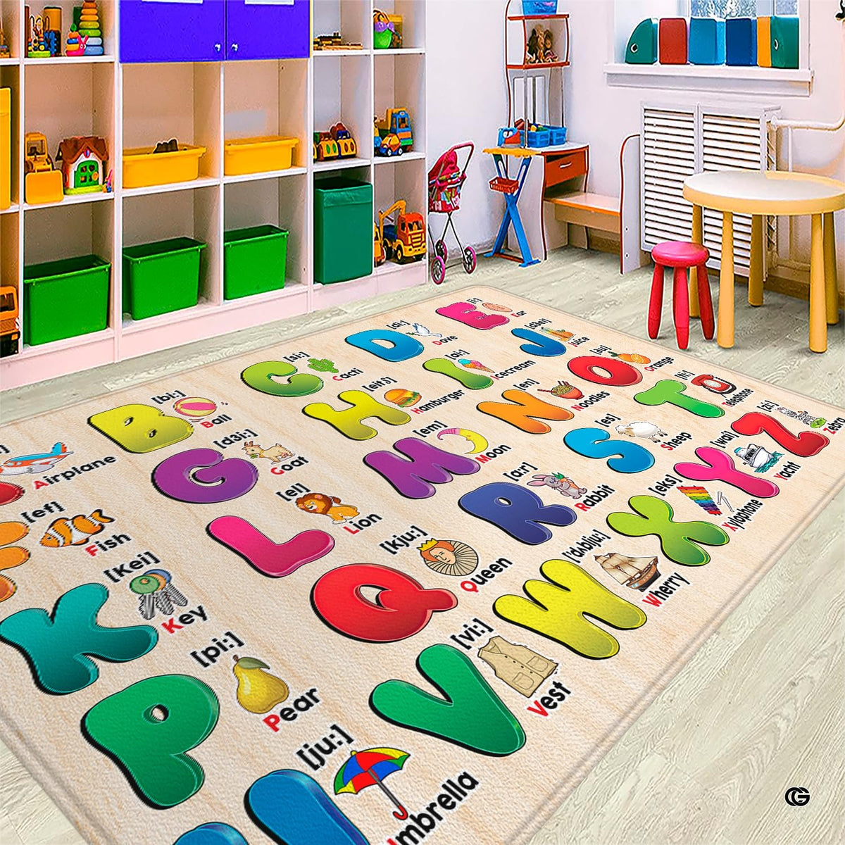 Side view highlighting the vivid colors and crisp printed character details across this educational learning rug.