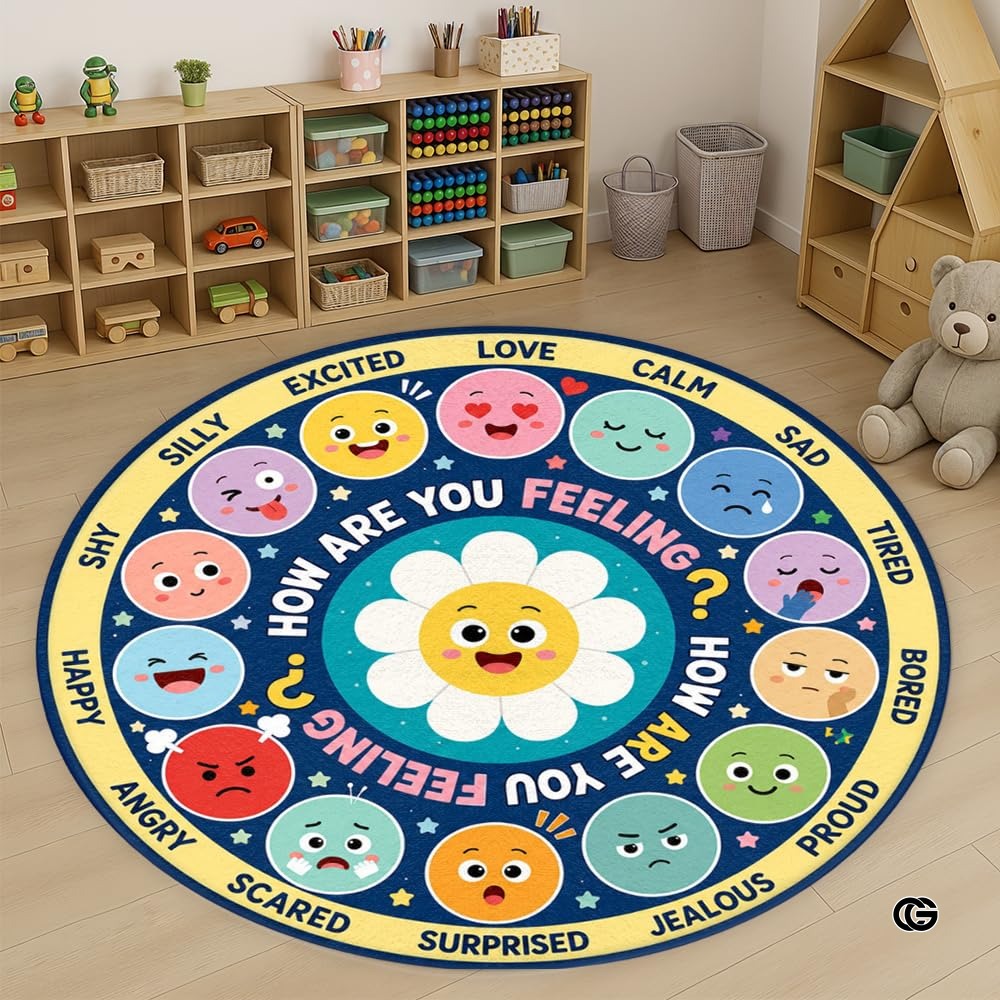 Wheel of Feelings and Emotions Round Rug, Educational Mental Health Rug for Classroom, Educational Animal Shape School Mat, Back to School Gift (Feeling 4)