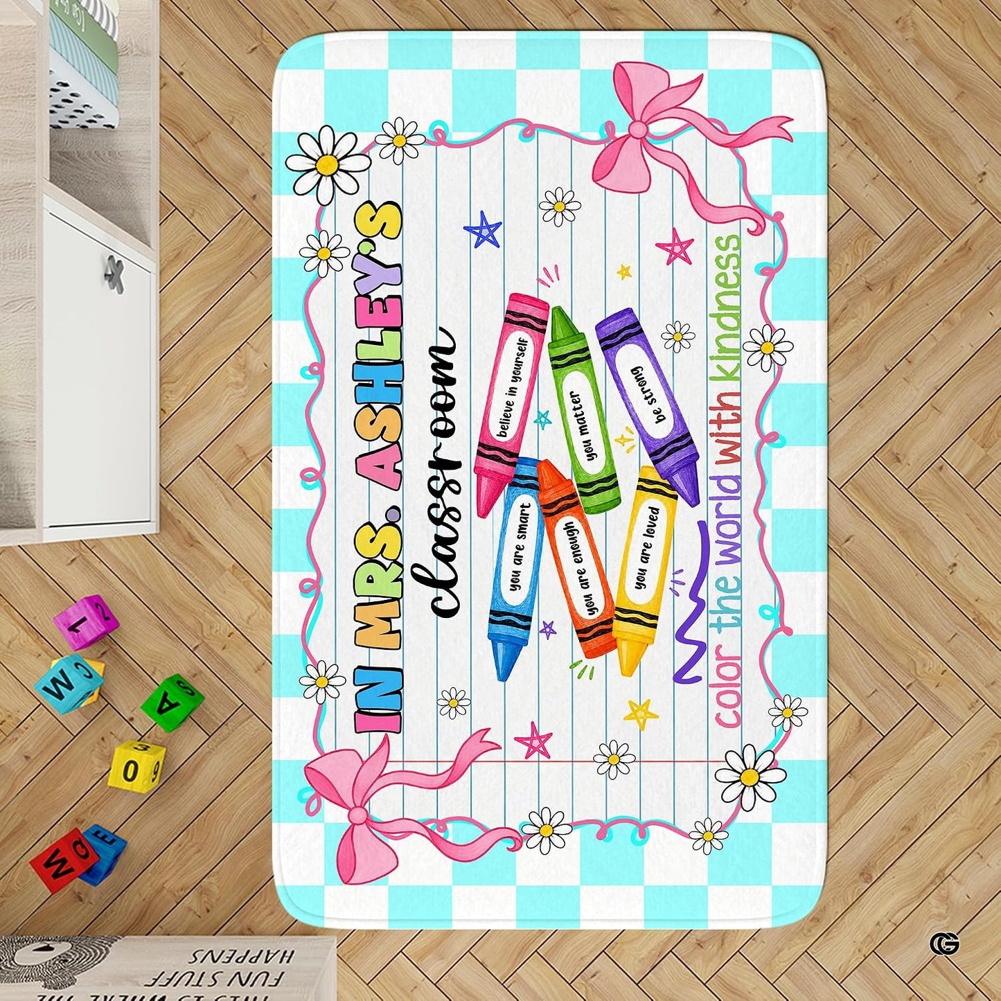 Personalized Teacher Classroom Rug, Custom Back to School Welcome Mat with Name, Kindergarten Preschool Elementary Decor, Composition Notebook Carpet (A06)