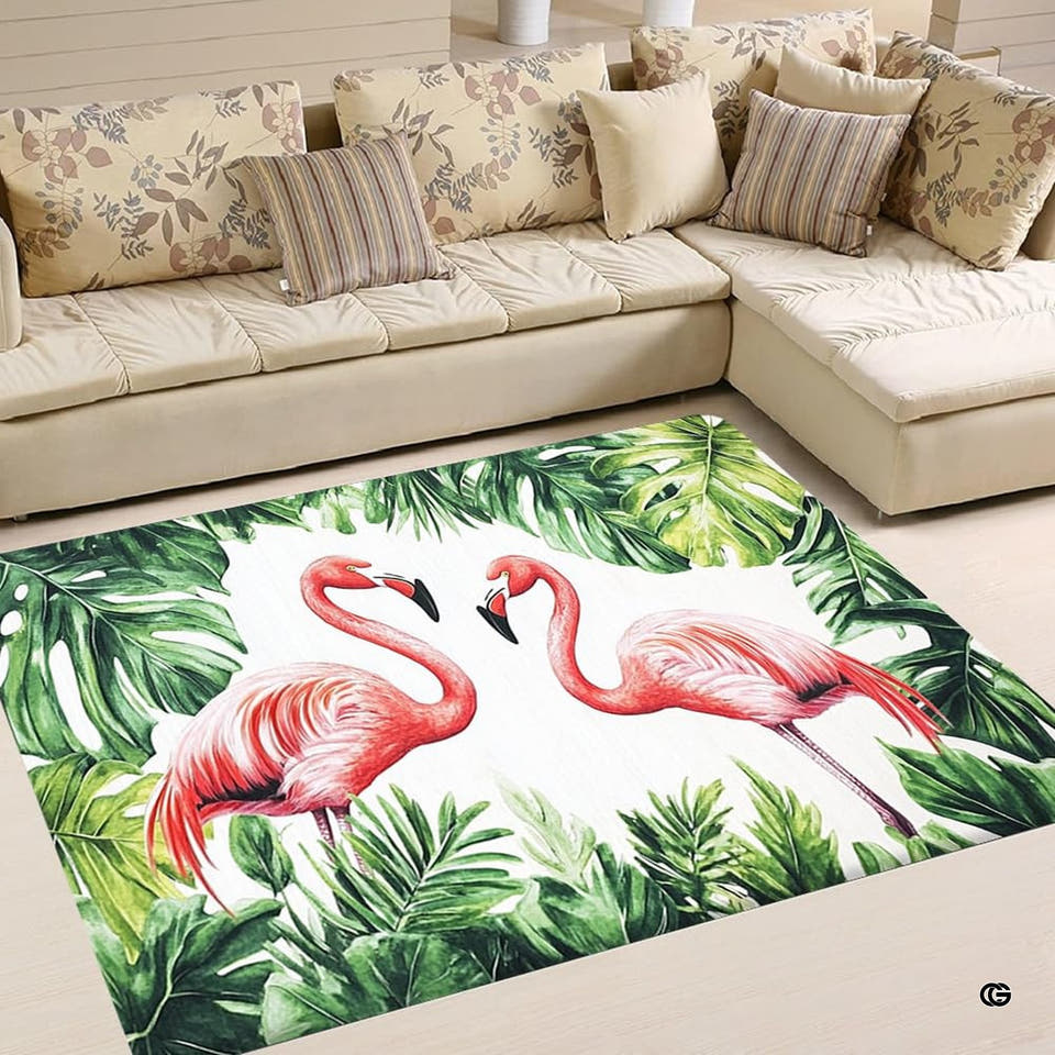 Botanical area rug with pink flamingos and green monstera leaves on off-white ground.