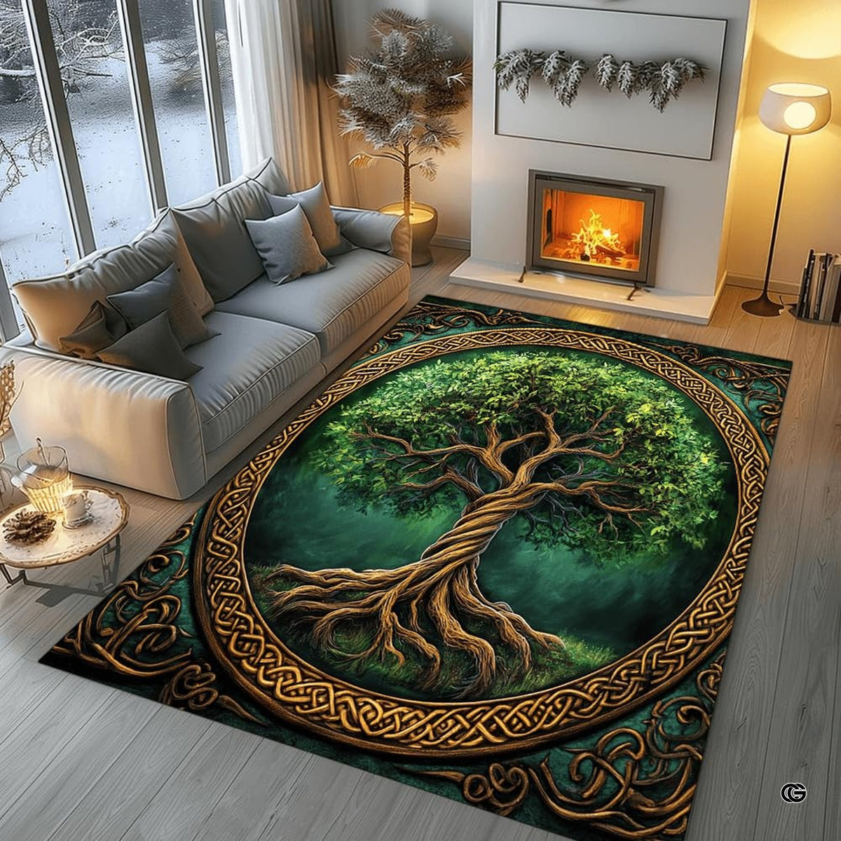 Celtic Tree of Life knotwork area rug styled in modern patio living setup - image 5 of 8