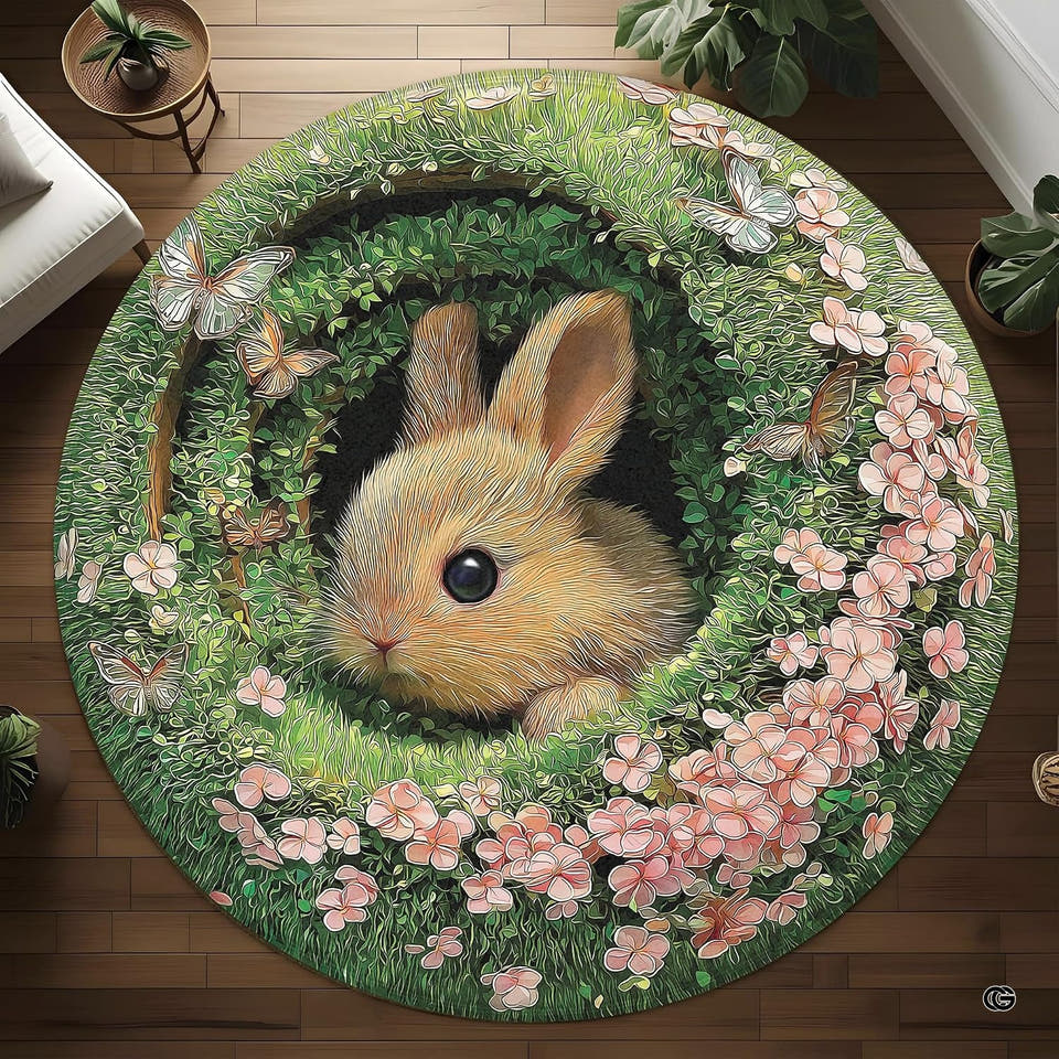 Round area rug with a bunny in a floral burrow on wood floor