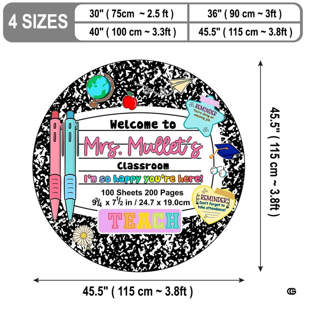 Composition notebook classroom theme rug displaying crayons, pencils, and pastel daisies on lined paper background. - image 2 of 7