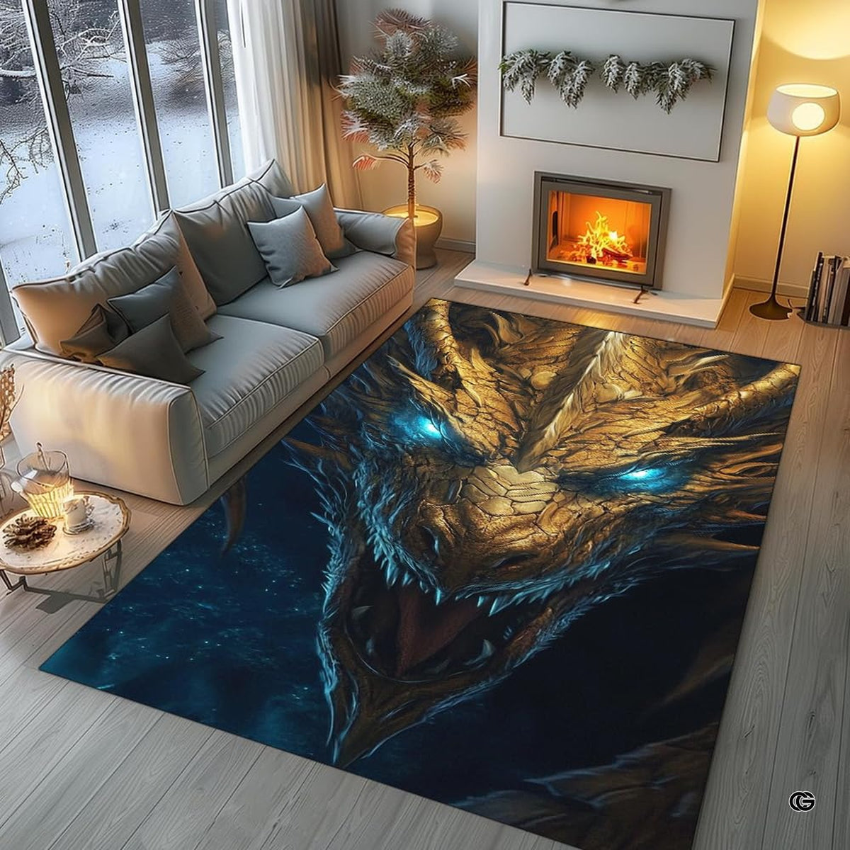 Bright sunroom setting with the fantasy dragon area rug centered on wooden flooring