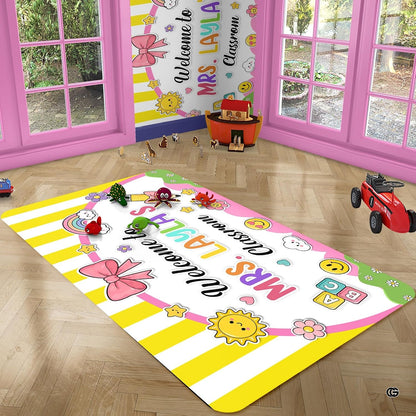 Personalized Teacher Classroom Rug, Custom Back to School Welcome Mat with Name, Kindergarten Preschool Elementary Decor, Composition Notebook Carpet (A02)