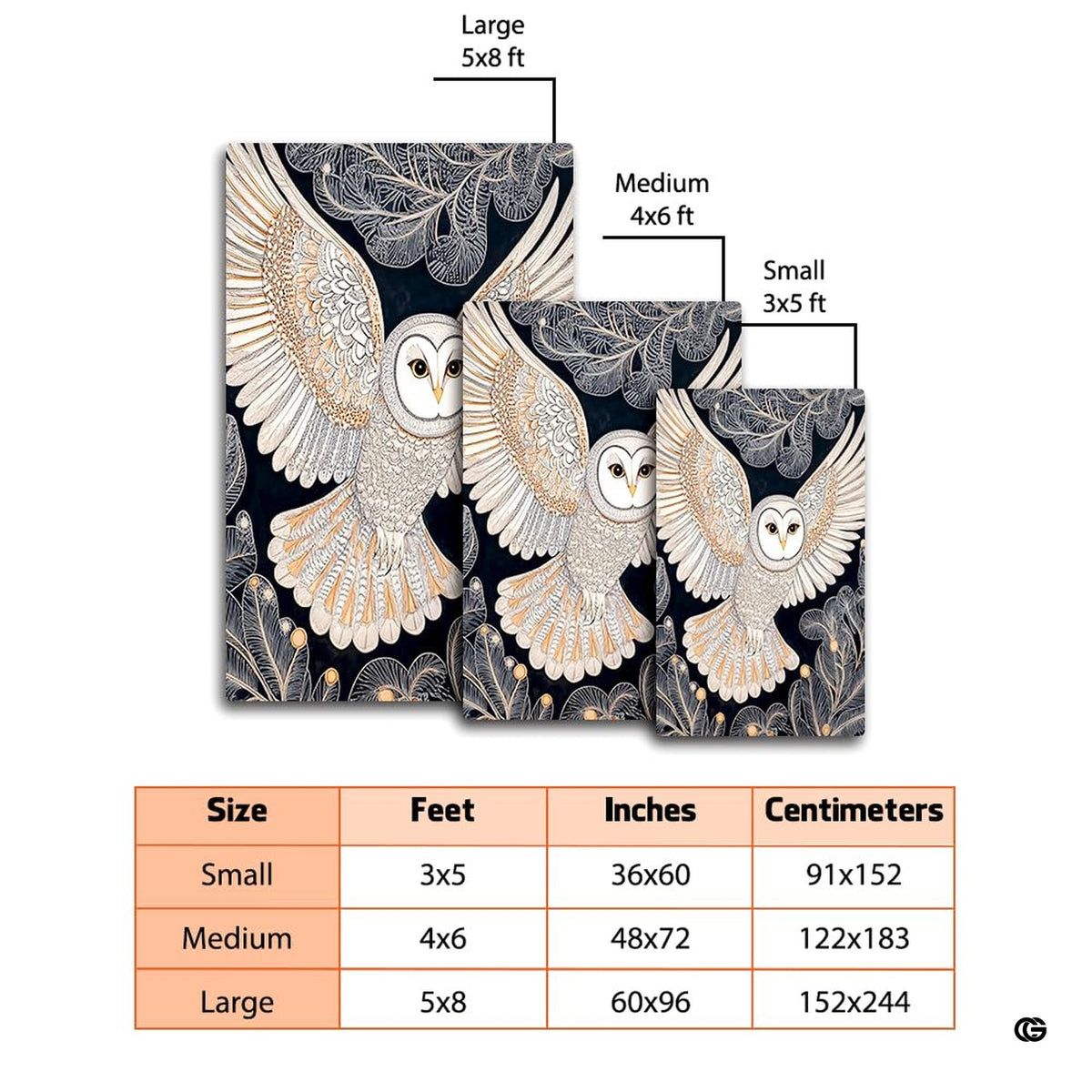 Overhead perspective of the barn owl carpet highlighting symmetrical botanical flourishes and wingspan. - image 4 of 8