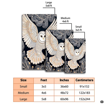 Overhead perspective of the barn owl carpet highlighting symmetrical botanical flourishes and wingspan. - thumbnail image 4 of 8