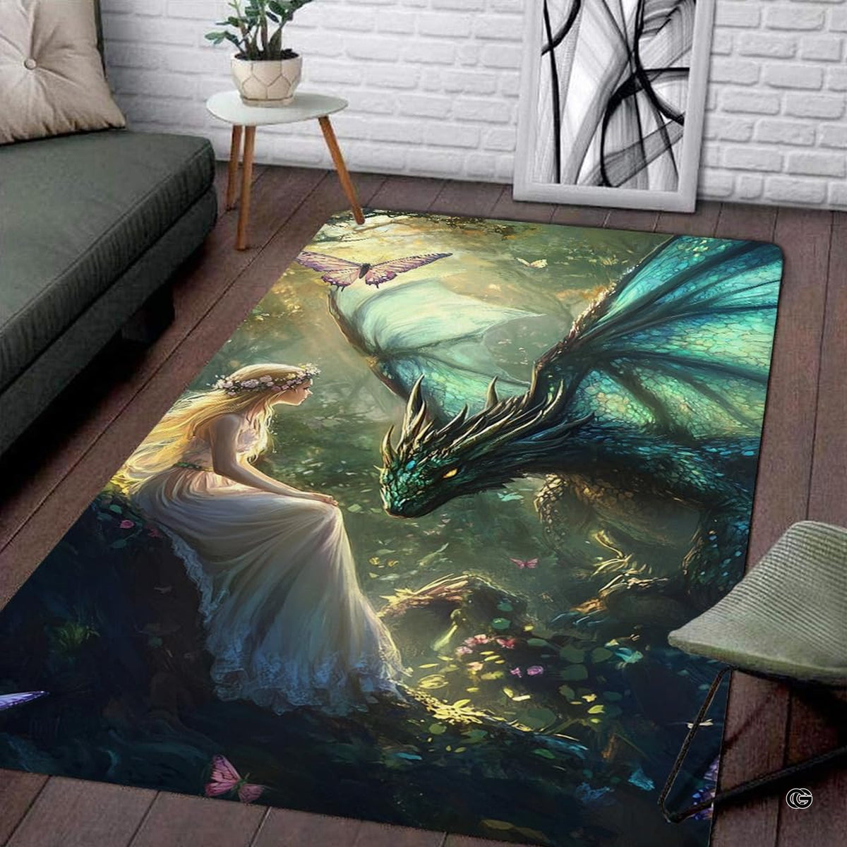 Enchanted room dragon city pattern area rug showing maiden and mythical emerald dragon in forest setting.