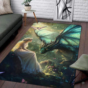 Enchanted room dragon city pattern area rug showing maiden and mythical emerald dragon in forest setting. - thumbnail image 1 of 7