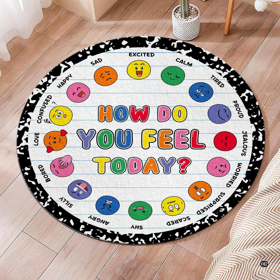 Feeling Wheel Chart Rug for Classroom - Round Emotional Regulation Mat, Calming Corner Decor, Mental Health Composition Notebook Carpet, Back to School Gift