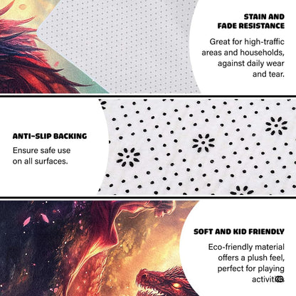 Infographic detailing the anti-slip dotted backing and durable edge stitching of the rug - thumbnail image 4 of 7